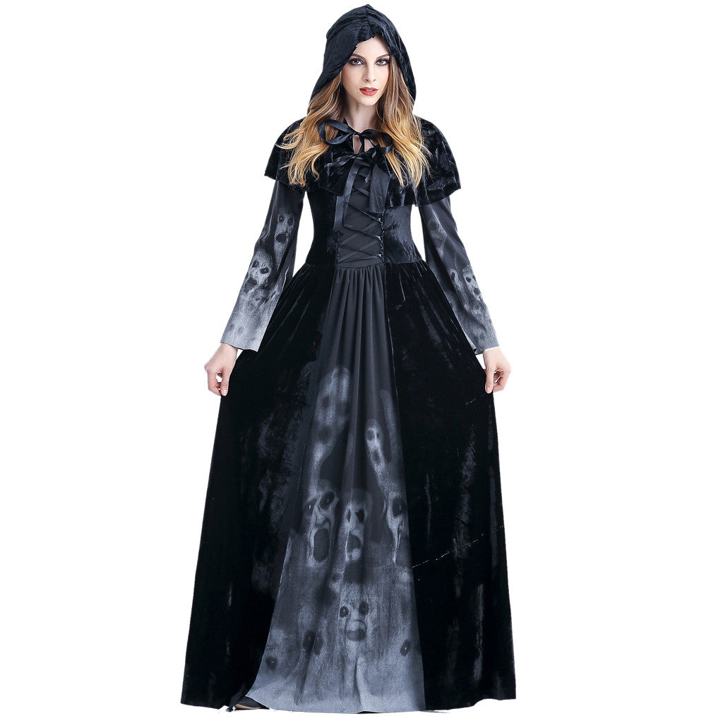 Women Halloween Cosplay Costume Vintage Witch Long Sleeve Maxi Dress