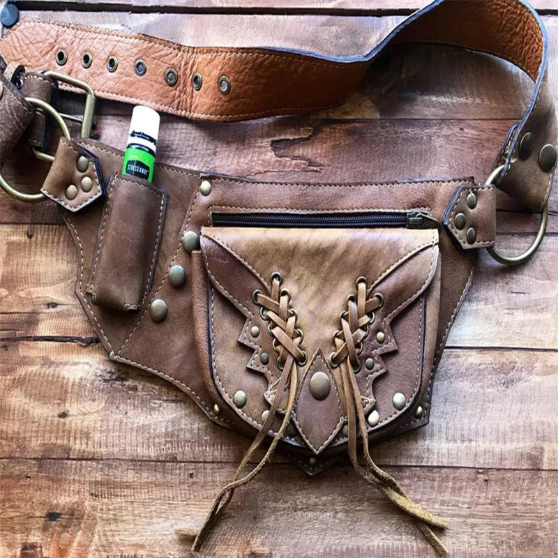 Medieval Steampunk Leather Utility Hip Belt Boho Purse Wallet Pocket Men Women Viking Pirate Cosplay Costume Accessory Waist Bag