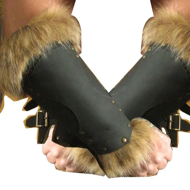 Medieval Viking Knight Leather Fur Arm Bracer Armor Steampunk Men Larp Hunter Gauntlet Cosplay Costume Accessories For Adult