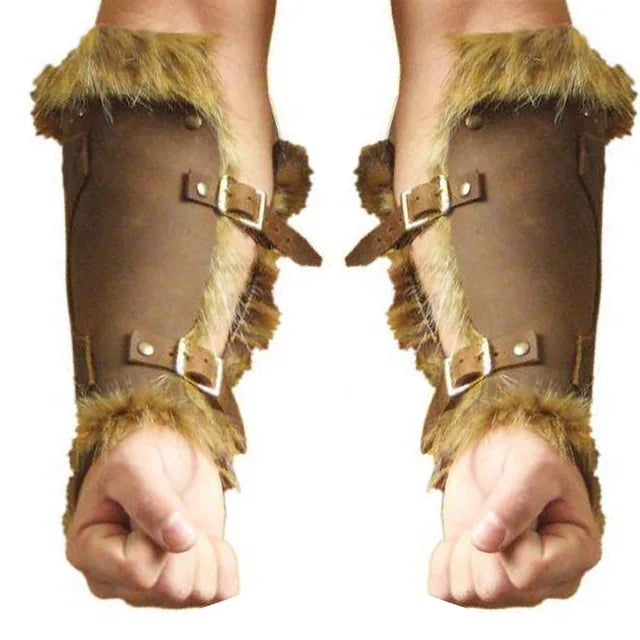 Medieval Viking Knight Leather Fur Arm Bracer Armor Steampunk Men Larp Hunter Gauntlet Cosplay Costume Accessories For Adult