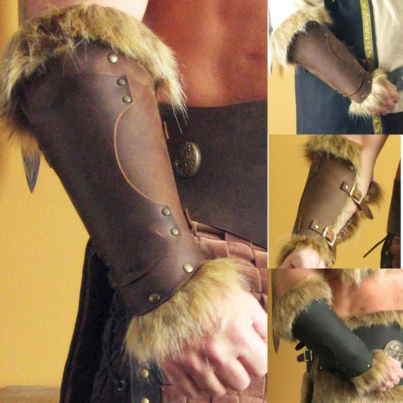 Medieval Viking Knight Leather Fur Arm Bracer Armor Steampunk Men Larp Hunter Gauntlet Cosplay Costume Accessories For Adult