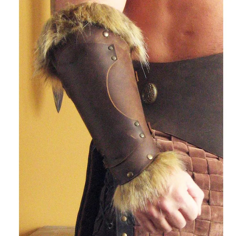 Medieval Viking Knight Leather Fur Arm Bracer Armor Steampunk Men Larp Hunter Gauntlet Cosplay Costume Accessories For Adult