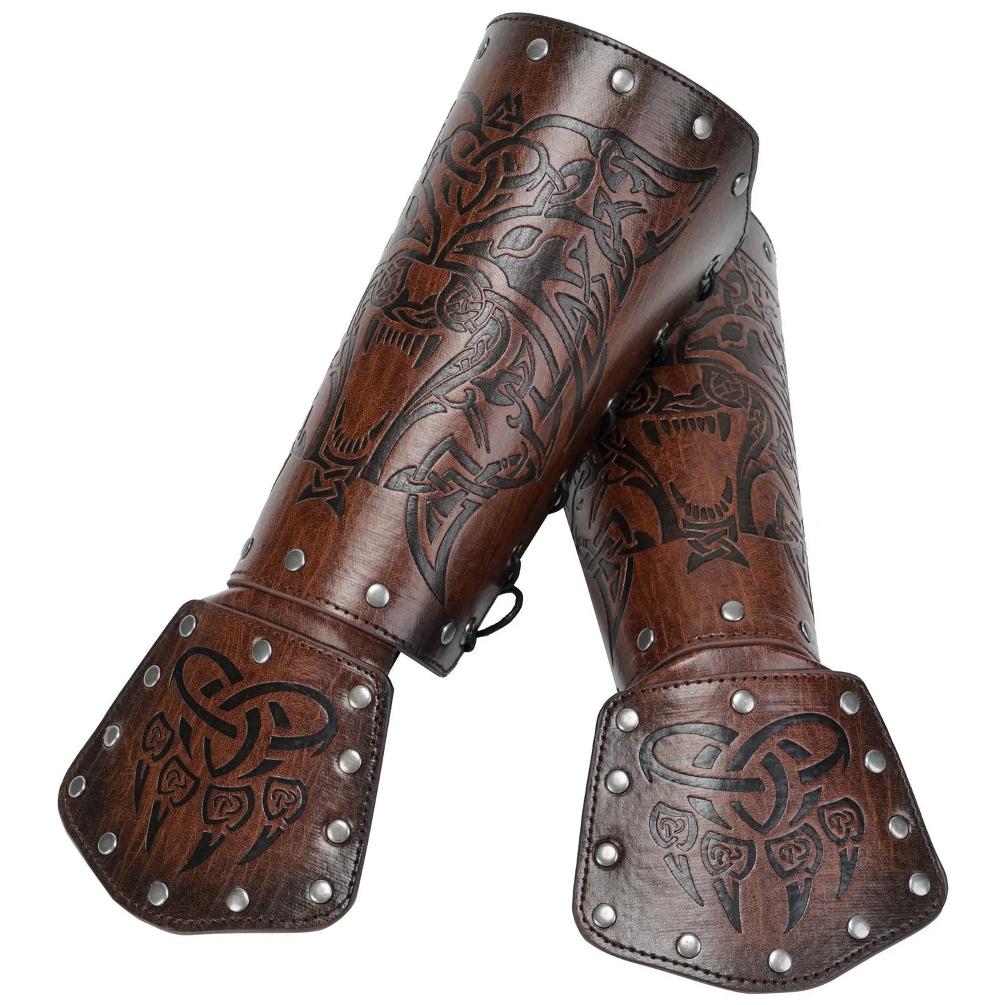 Medieval Viking Leather Wrist Guards Wolf Head Embossed