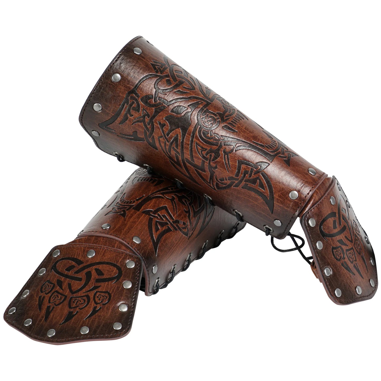 Medieval Viking Leather Wrist Guards Wolf Head Embossed