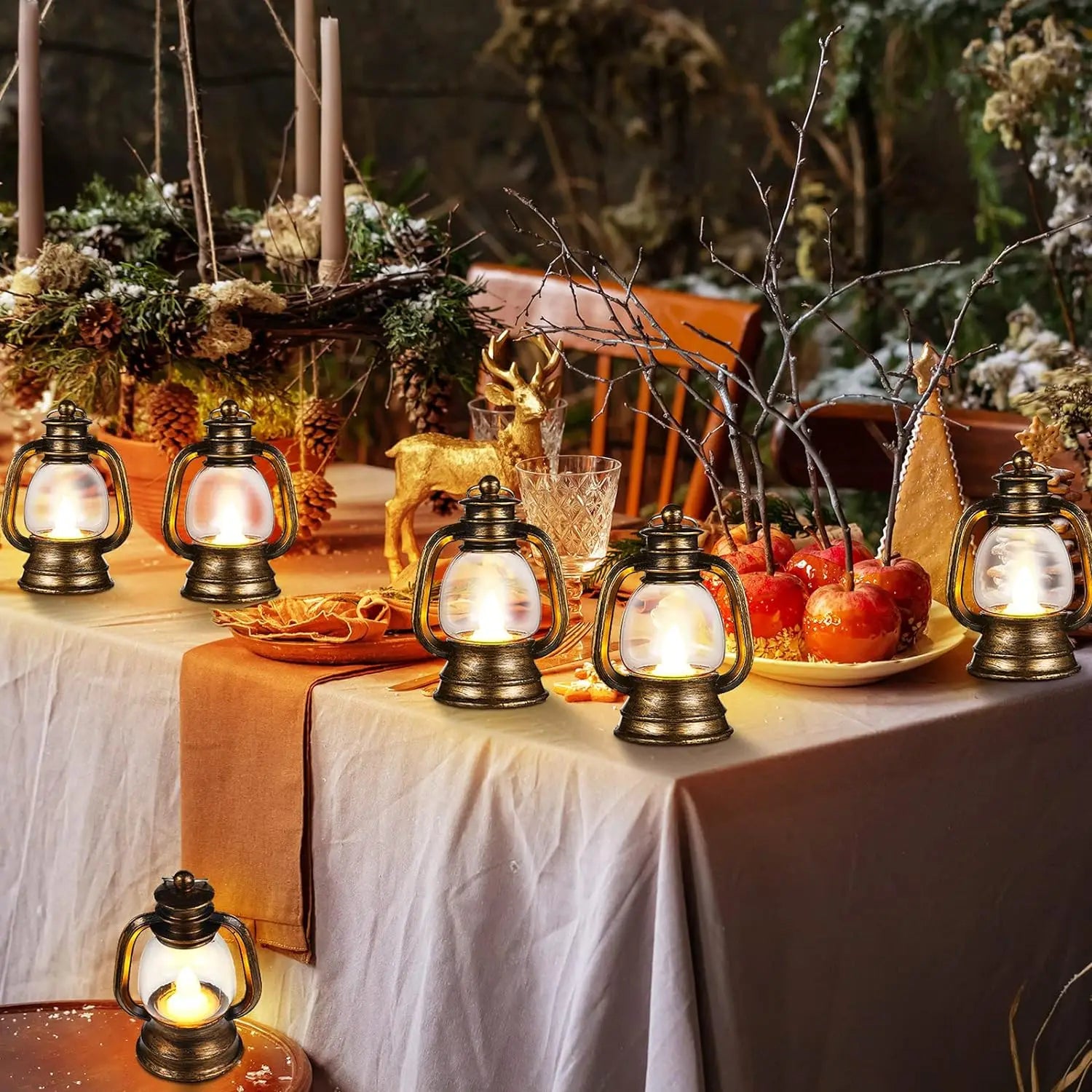 Decorative lanterns on a table with a festive background