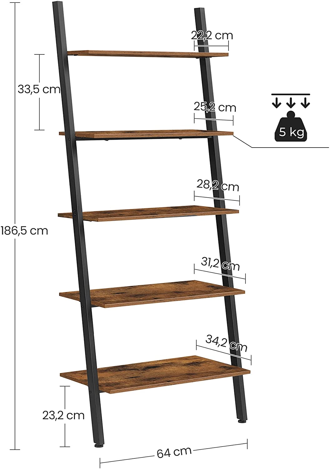 5-Tier Bookshelf Rack, Rustic Brown and Black