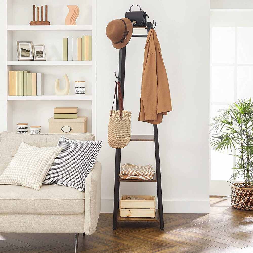 VASAGLE Coat Rack Stand with 3 Shelves Rustic Brown and Black LCR80X