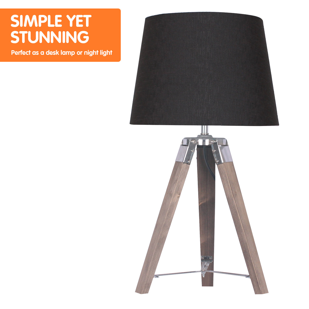 Sarantino Wooden Tripod Table Lamp With Black Taper Fabric Shade