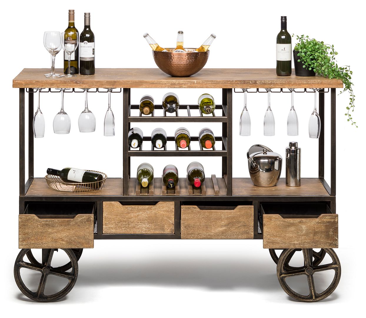 Industrial Style Wooden Bar Cart Drinks Trolley Station with Wine Bottle Rack