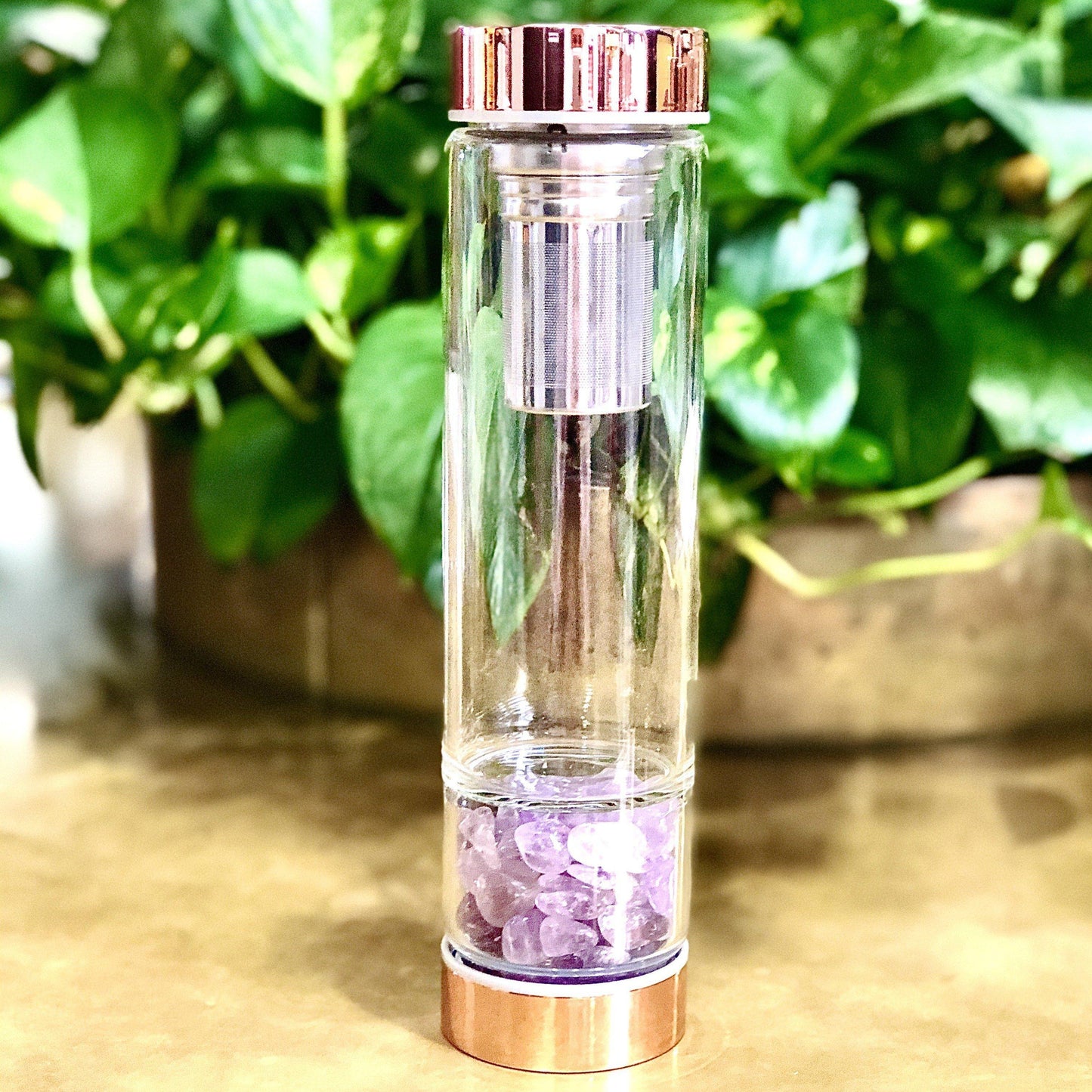 Rose Gold Crystal Bottle with Gemstone Base and Tea Infuser